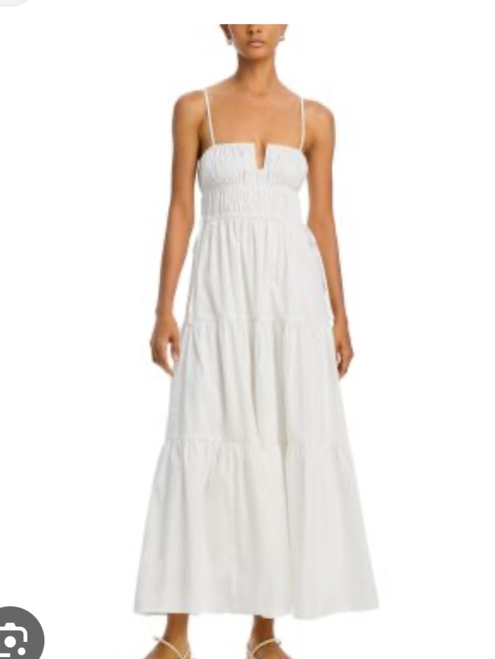 Moon River White Shirred Cotton Poplin Midi Dress with Spaghetti Straps